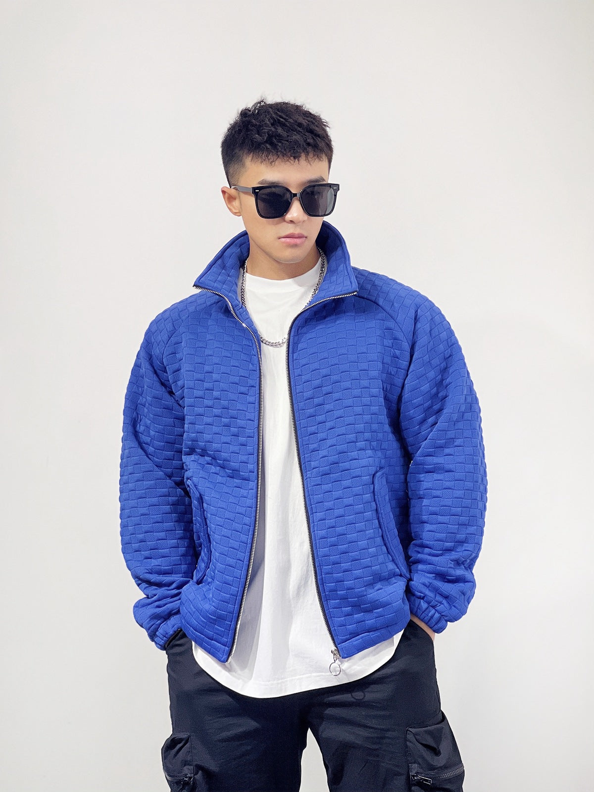 Sports Fitness Muscle Waffle Jacket Men Autumn Season Loose Cardigan Zipper Trendy Brand Casual Solid Color Stand Collar