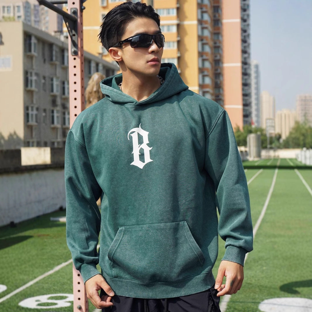 New Autumn Winter Round Neck Men's Casual Sports Hooded Loose Plus Size Pullover Muscle Washed Cotton Sweatshirt Long Sleeve