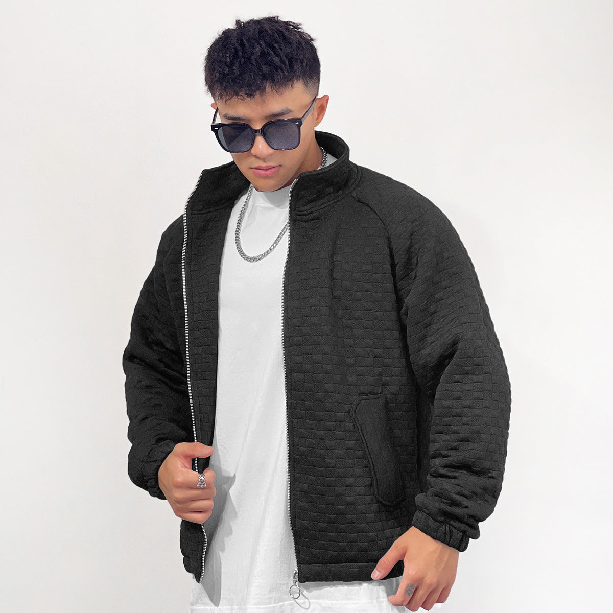 Sports Fitness Muscle Waffle Jacket Men Autumn Season Loose Cardigan Zipper Trendy Brand Casual Solid Color Stand Collar
