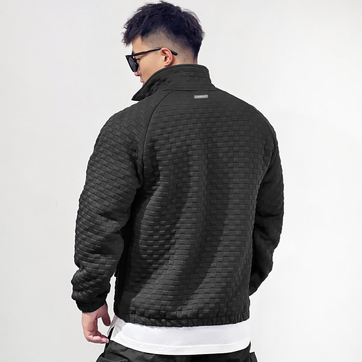 Sports Fitness Muscle Waffle Jacket Men Autumn Season Loose Cardigan Zipper Trendy Brand Casual Solid Color Stand Collar