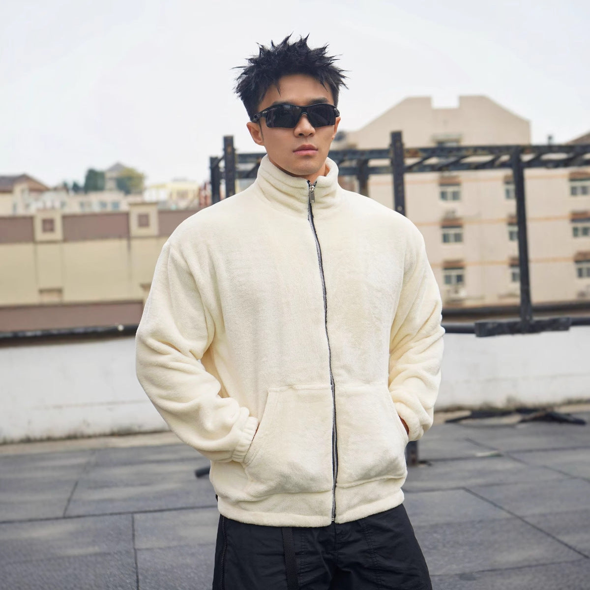 New Winter Stand Collar Men's Casual Sports Furry Jacket Loose Plus Size Zipper Sweatshirt Muscle Loose