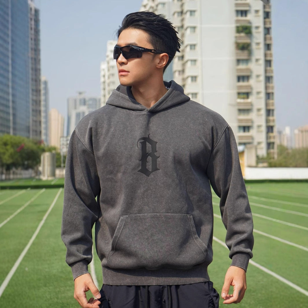 New Autumn Winter Round Neck Men's Casual Sports Hooded Loose Plus Size Pullover Muscle Washed Cotton Sweatshirt Long Sleeve
