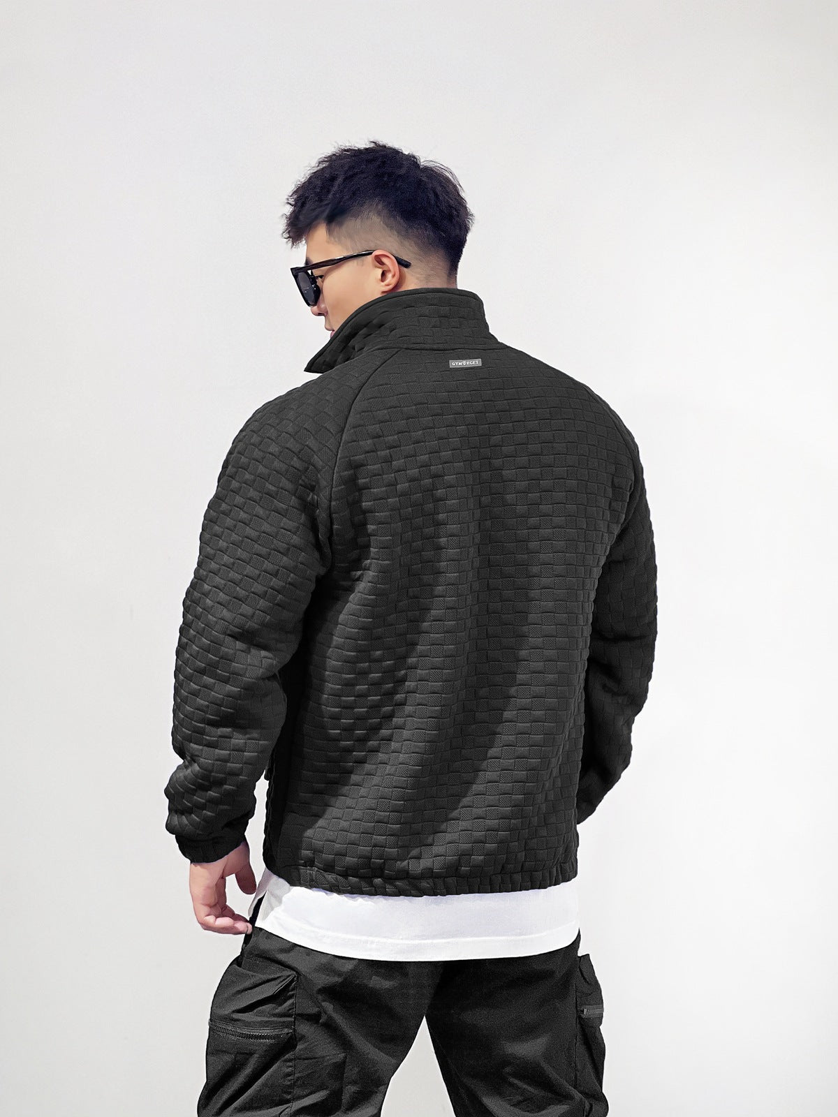 Sports Fitness Muscle Waffle Jacket Men Autumn Season Loose Cardigan Zipper Trendy Brand Casual Solid Color Stand Collar