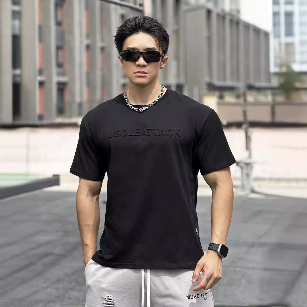 American Style New Muscle Fitness Brothers Sports Men's Loose Fit with Embossed Design T Summer round neck cotton running short sleeve shirt