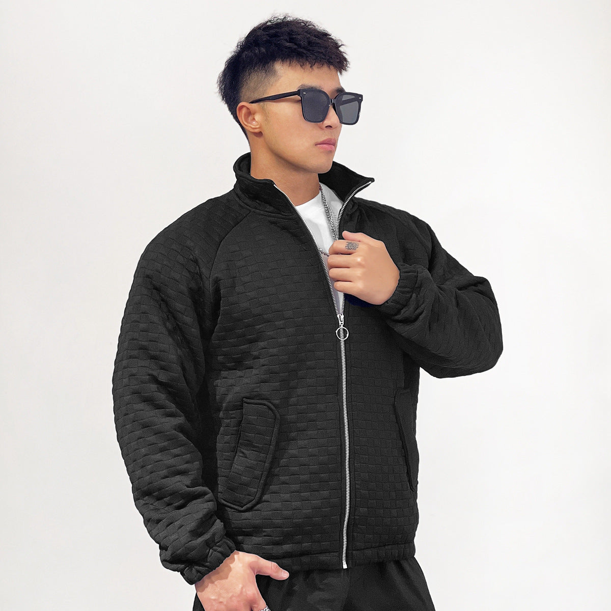 Sports Fitness Muscle Waffle Jacket Men Autumn Season Loose Cardigan Zipper Trendy Brand Casual Solid Color Stand Collar