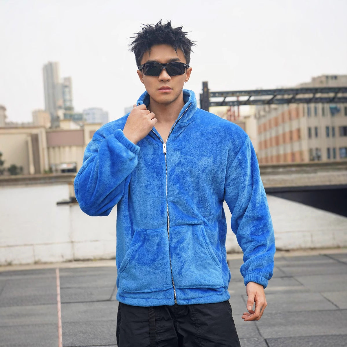 New Winter Stand Collar Men's Casual Sports Furry Jacket Loose Plus Size Zipper Sweatshirt Muscle Loose