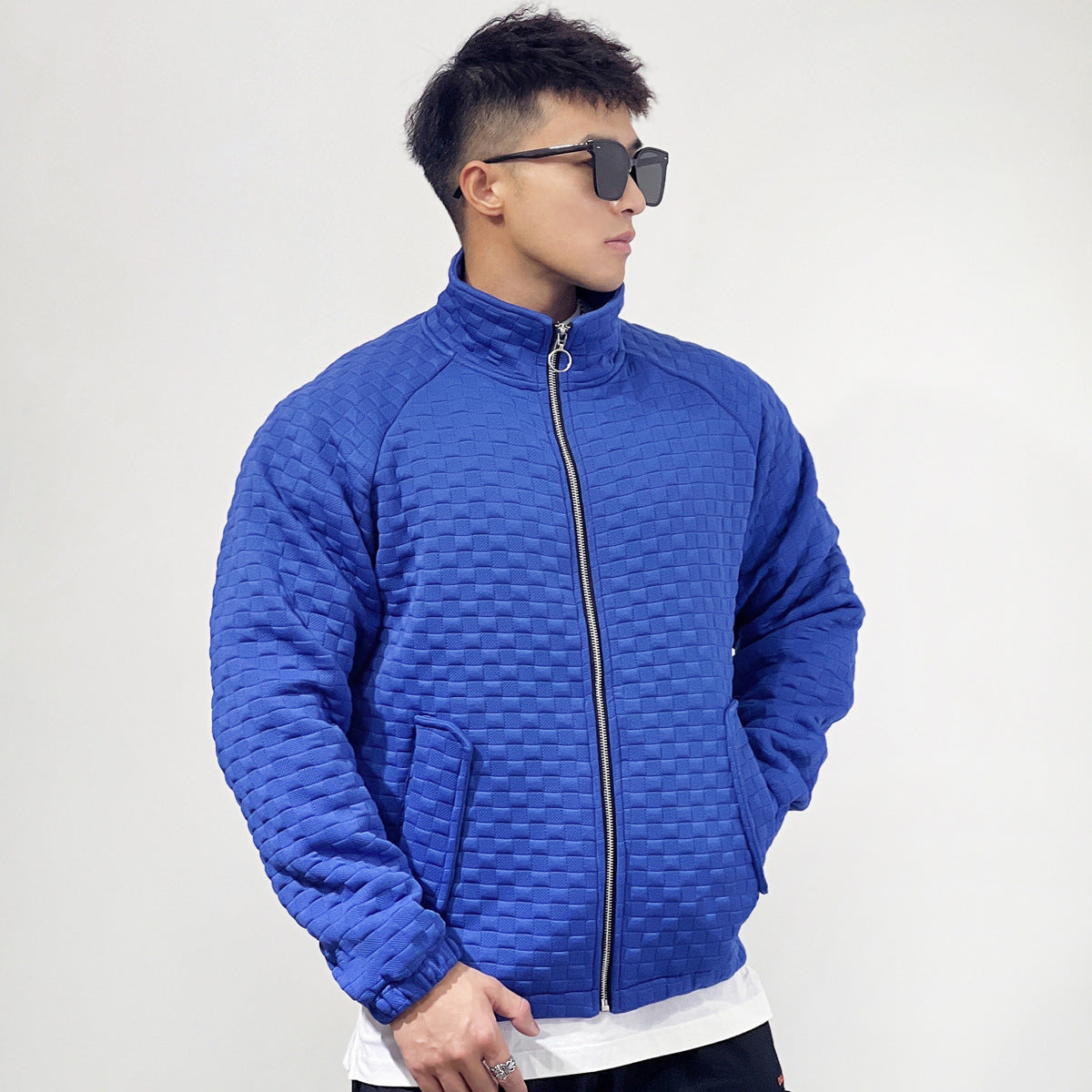 Sports Fitness Muscle Waffle Jacket Men Autumn Season Loose Cardigan Zipper Trendy Brand Casual Solid Color Stand Collar