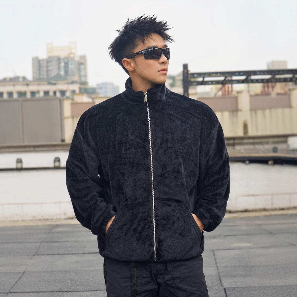 New Winter Stand Collar Men's Casual Sports Furry Jacket Loose Plus Size Zipper Sweatshirt Muscle Loose