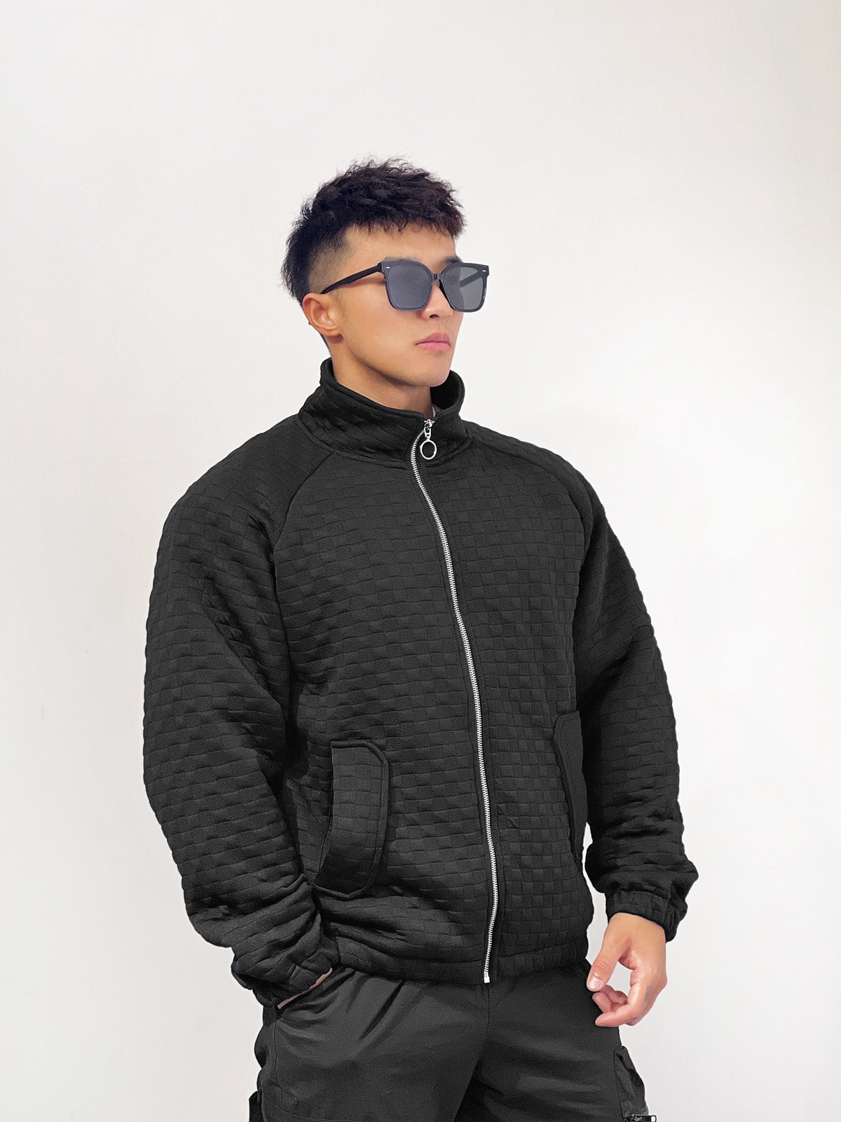 Sports Fitness Muscle Waffle Jacket Men Autumn Season Loose Cardigan Zipper Trendy Brand Casual Solid Color Stand Collar