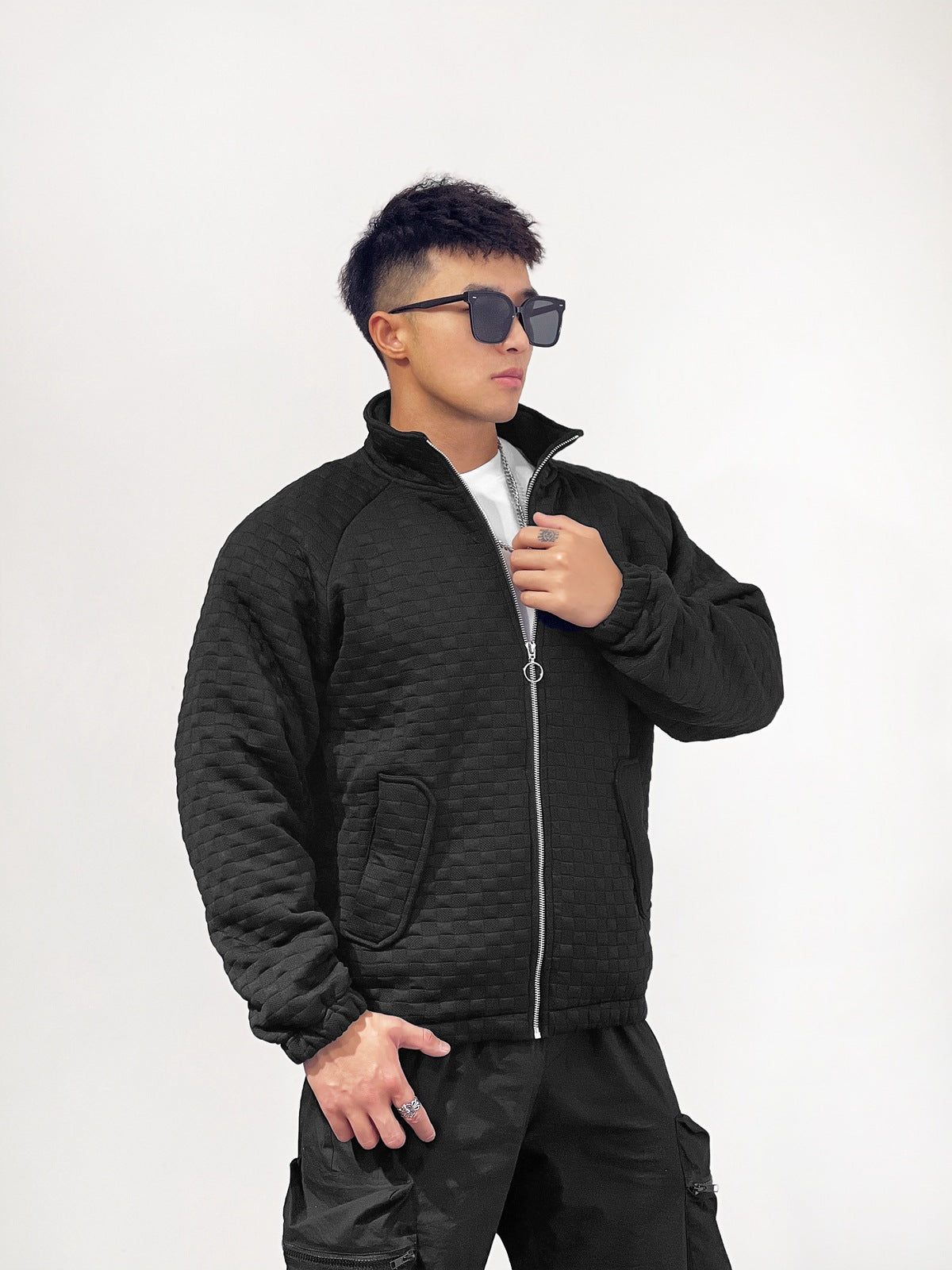 Sports Fitness Muscle Waffle Jacket Men Autumn Season Loose Cardigan Zipper Trendy Brand Casual Solid Color Stand Collar