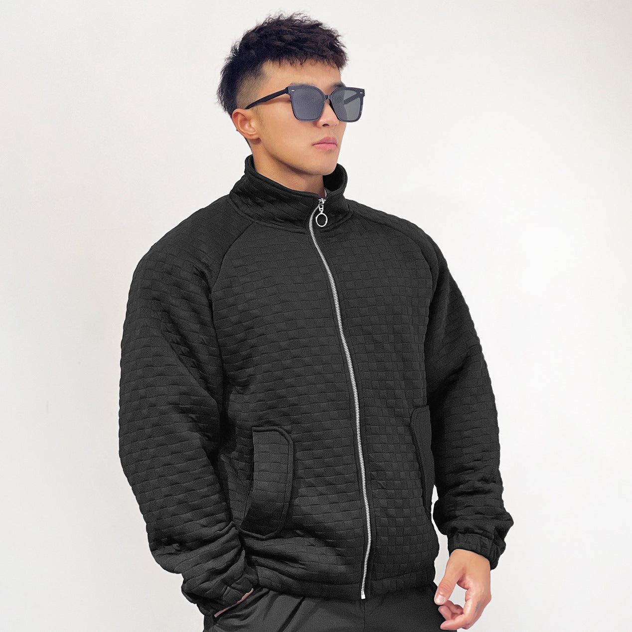 Sports Fitness Muscle Waffle Jacket Men Autumn Season Loose Cardigan Zipper Trendy Brand Casual Solid Color Stand Collar