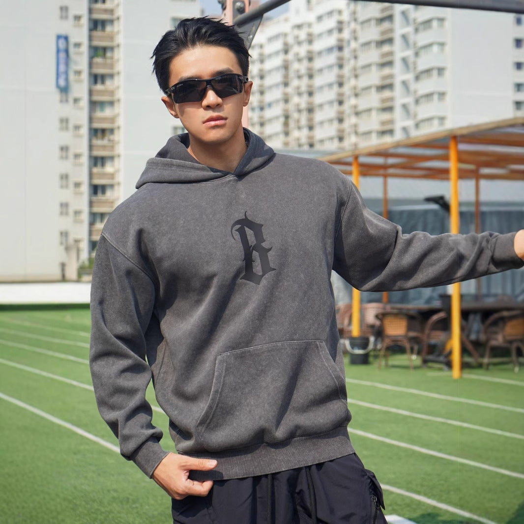 New Autumn Winter Round Neck Men's Casual Sports Hooded Loose Plus Size Pullover Muscle Washed Cotton Sweatshirt Long Sleeve