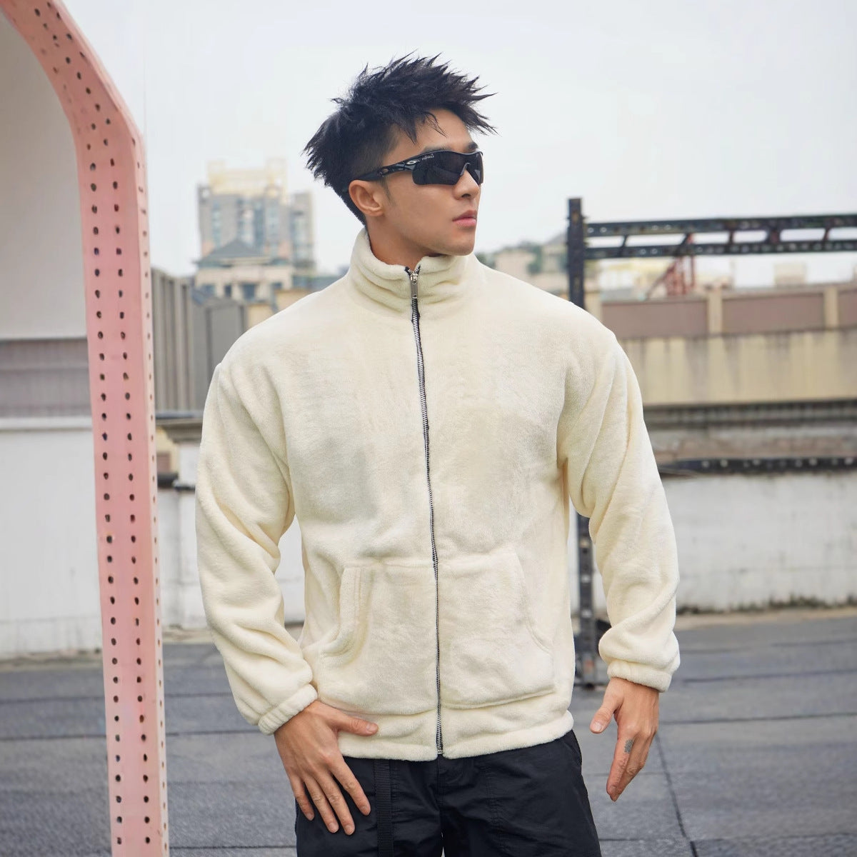 New Winter Stand Collar Men's Casual Sports Furry Jacket Loose Plus Size Zipper Sweatshirt Muscle Loose
