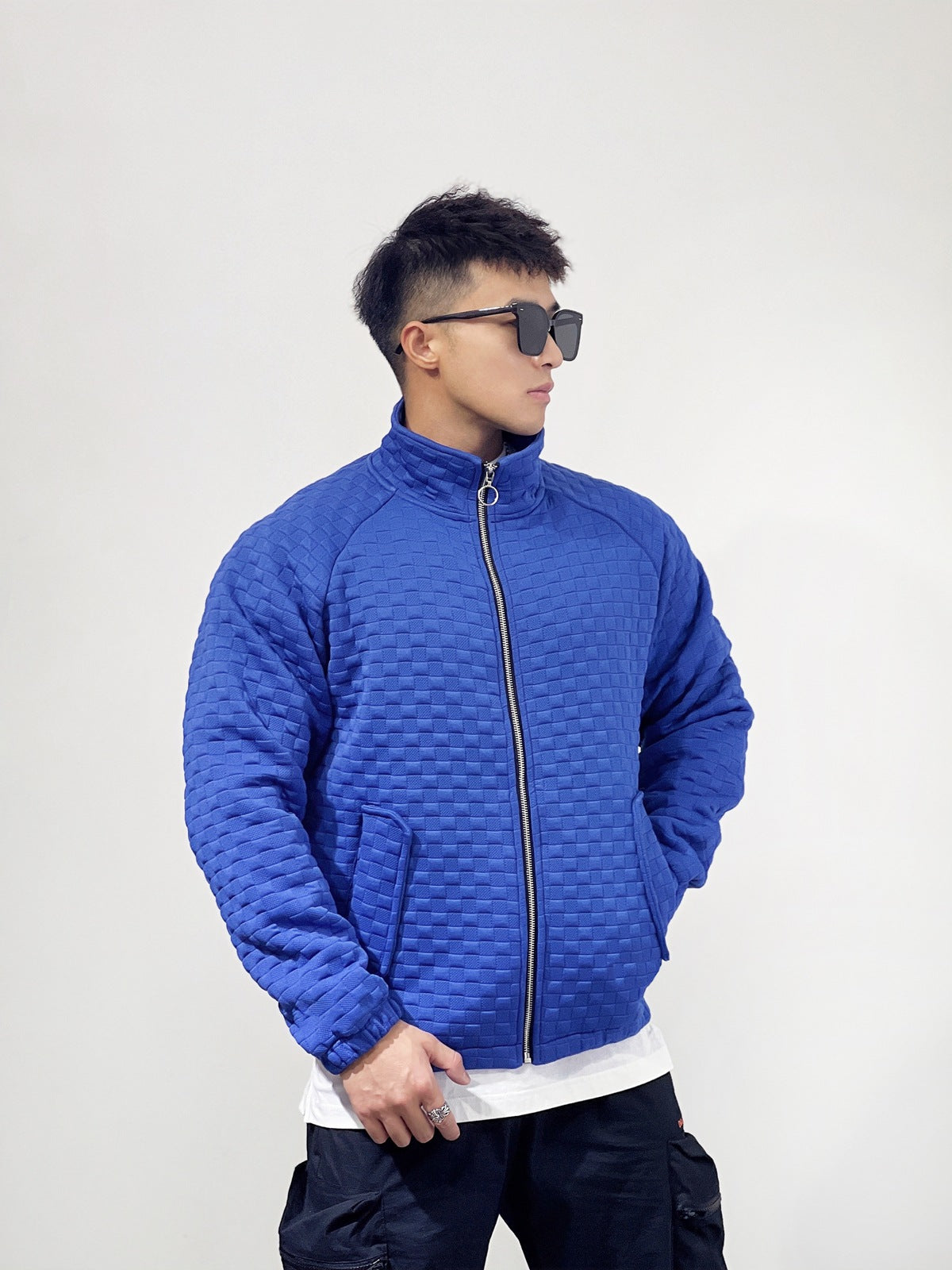 Sports Fitness Muscle Waffle Jacket Men Autumn Season Loose Cardigan Zipper Trendy Brand Casual Solid Color Stand Collar