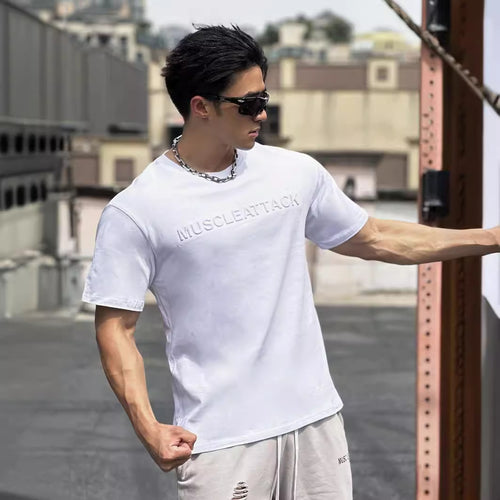 American Style New Muscle Fitness Brothers Sports Men's Loose Fit with Embossed Design T Summer round neck cotton running short sleeve shirt