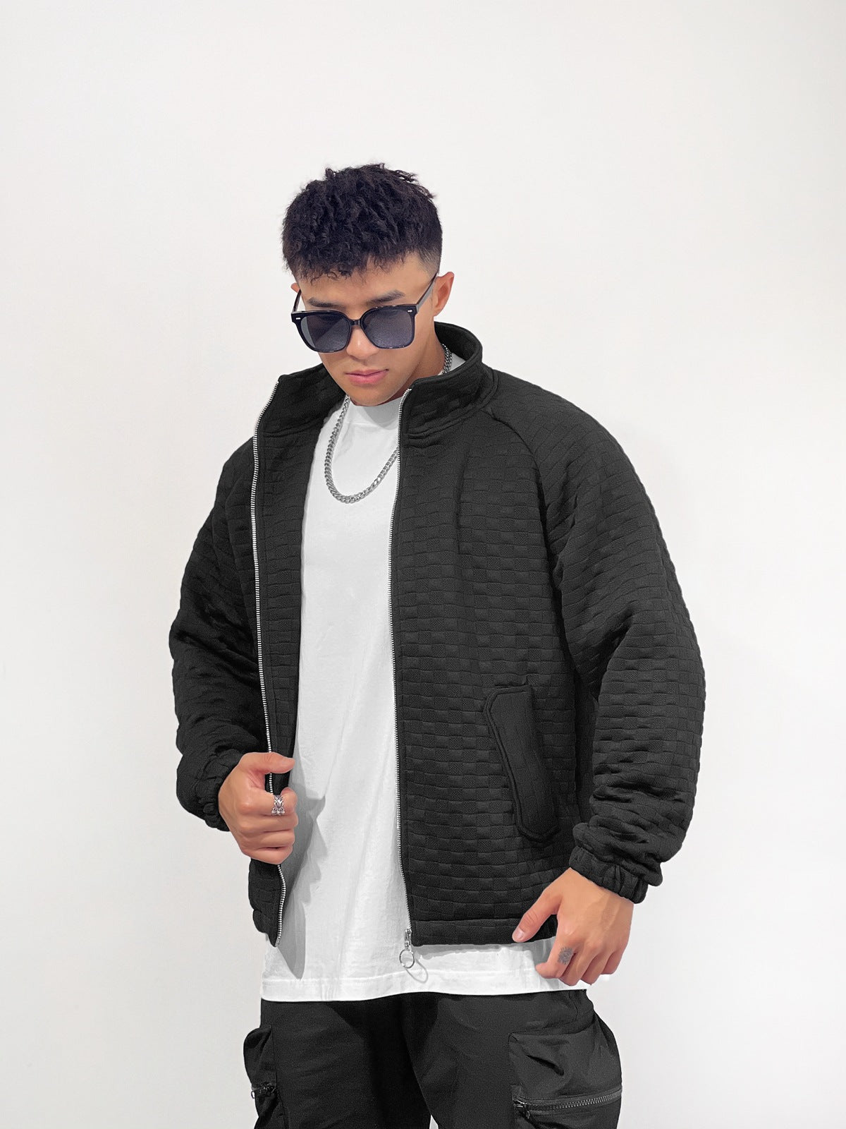 Sports Fitness Muscle Waffle Jacket Men Autumn Season Loose Cardigan Zipper Trendy Brand Casual Solid Color Stand Collar