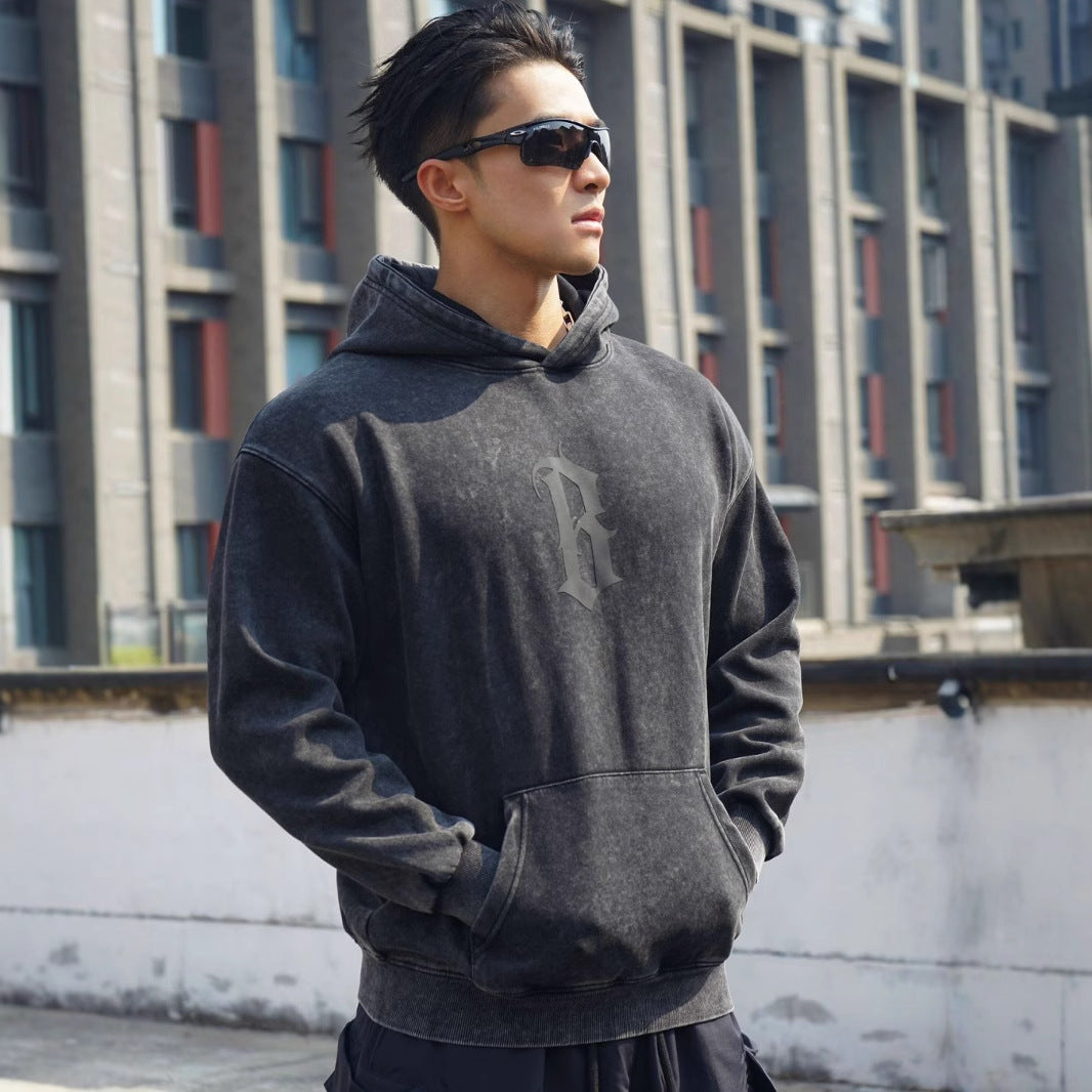 New Autumn Winter Round Neck Men's Casual Sports Hooded Loose Plus Size Pullover Muscle Washed Cotton Sweatshirt Long Sleeve