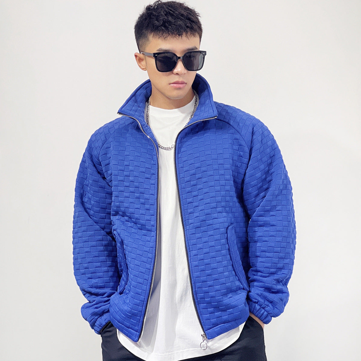 Sports Fitness Muscle Waffle Jacket Men Autumn Season Loose Cardigan Zipper Trendy Brand Casual Solid Color Stand Collar
