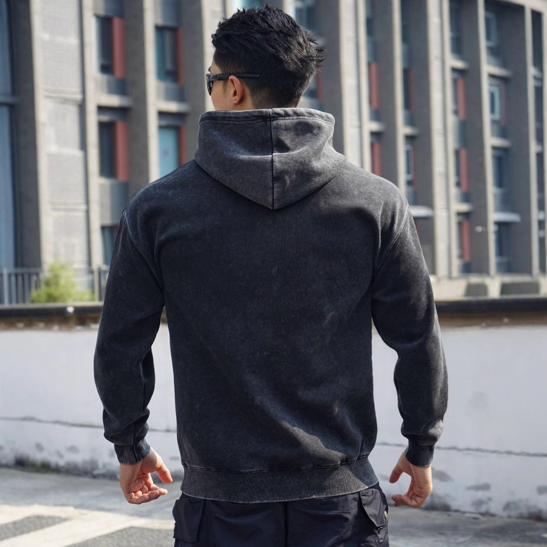 New Autumn Winter Round Neck Men's Casual Sports Hooded Loose Plus Size Pullover Muscle Washed Cotton Sweatshirt Long Sleeve