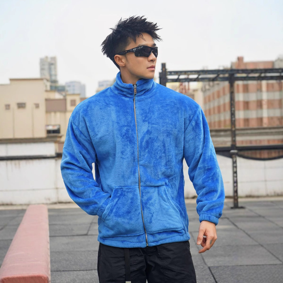 New Winter Stand Collar Men's Casual Sports Furry Jacket Loose Plus Size Zipper Sweatshirt Muscle Loose